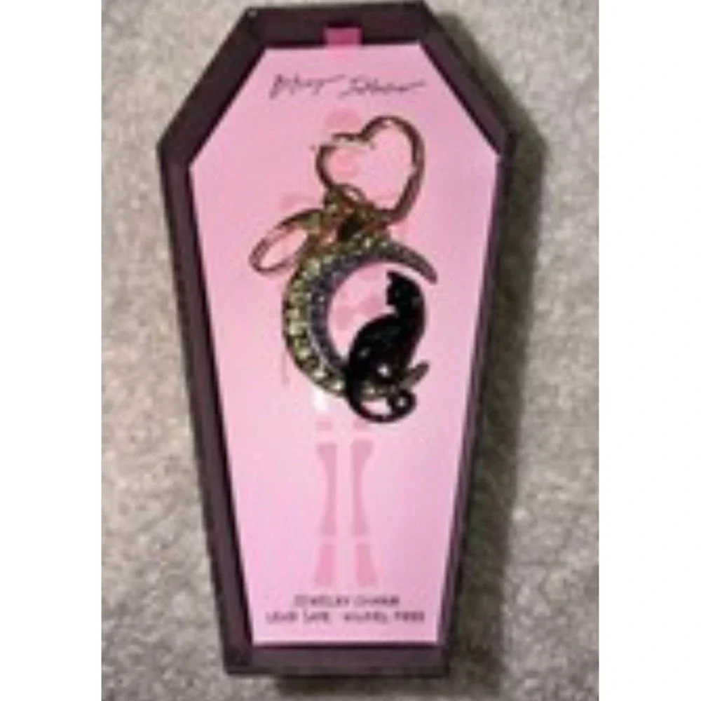 Betsey Johnson Halloween Black Cat Crescent Moon Bag Charm Keychain Coffin Box